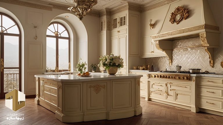 آشپزخانه کلاسیک با قاب بندی های آنتیک طلایی