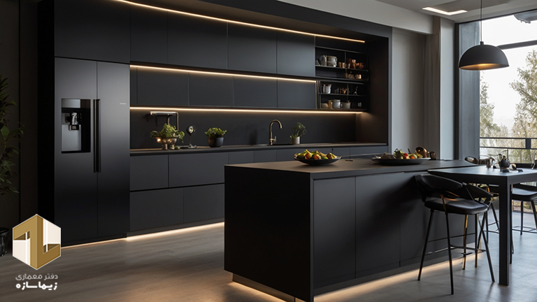 دیزاین آشپزخانه مدرن با تم رنگی مشکی