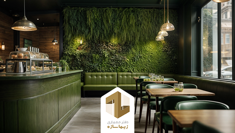 طراحی کافه رستوران با موس وال و دیوار سبز